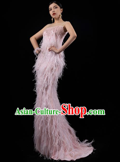 Top Grade Catwalks Pink Feather Slim Dress Stage Show Compere Clothing Annual Meeting Embroidery Sequins Full Dress