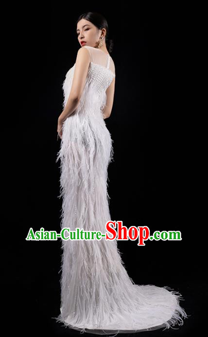 Top Grade Annual Meeting Embroidery Sequins Full Dress Catwalks White Feather Slim Dress Stage Show Compere Clothing