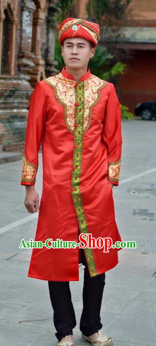 Thailand Traditional Bridegroom Costumes Asian Thai Prince Wedding Red Long Gown Clothing and Hat