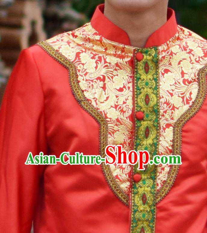 Thailand Traditional Bridegroom Costumes Asian Thai Prince Wedding Red Long Gown Clothing and Hat