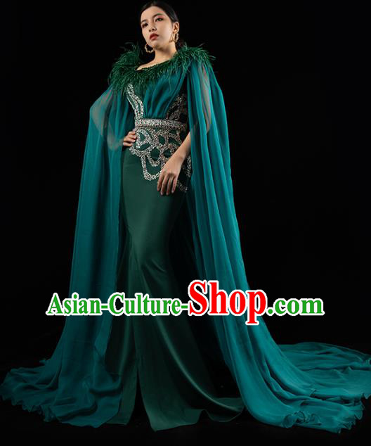 Top Grade Annual Meeting Deep Green Full Dress Catwalks Compere Trailing Dress Stage Show Clothing with Cape