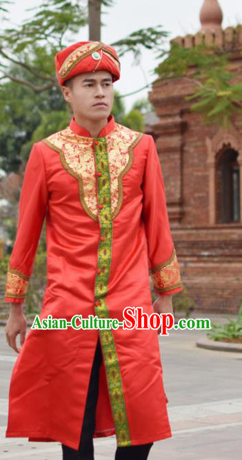 Thailand Traditional Bridegroom Costumes Asian Thai Prince Wedding Red Long Gown Clothing and Hat