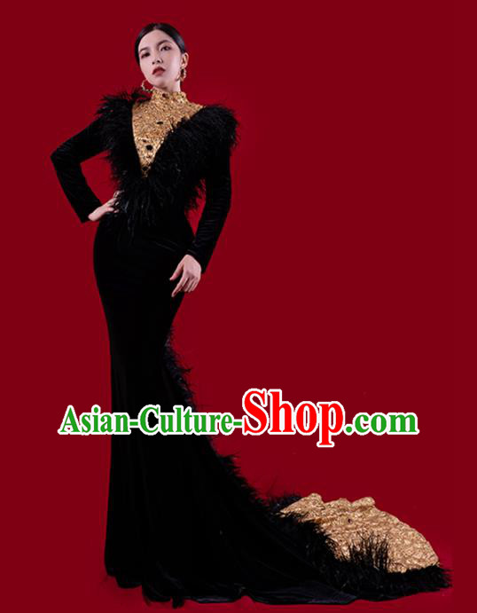 Top Grade Catwalks Compere Black Feather Trailing Dress Stage Show Clothing Annual Meeting Embroidery Beads Full Dress