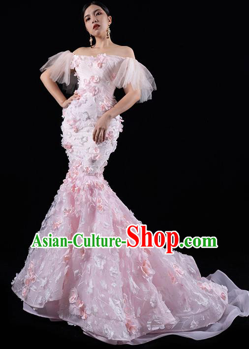 Top Grade Catwalks Compere Pink Flowers Trailing Dress Stage Show Clothing Annual Meeting Off Shoulder Full Dress