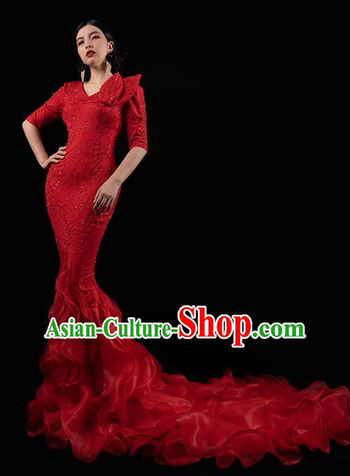 Top Grade Catwalks Red Trailing Dress Stage Performance Costume Annual Meeting Compere Fishtail Full Dress