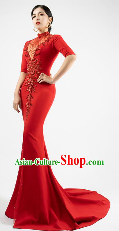 Top Grade Catwalks Embroidery Beads Trailing Dress Stage Show Clothing Annual Meeting Red Full Dress