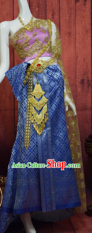 Asian Thai Wedding Uniforms Lilac Top and Royalblue Brocade Skirt Traditional Thailand Court Bride Dress Clothing