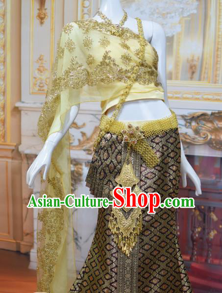 Traditional Thailand Court Concubine Dress Clothing Asian Thai Wedding Uniforms Yellow Top and Brown Brocade Skirt