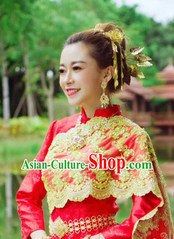 Asian Thai Dress Clothing Wedding Uniforms Traditional Thailand Red Blouse and Brocade Skirt