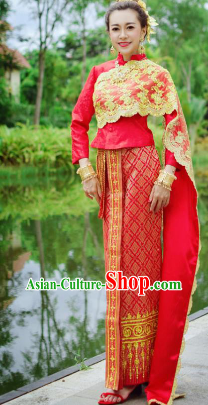 Asian Thai Dress Clothing Wedding Uniforms Traditional Thailand Red Blouse and Brocade Skirt
