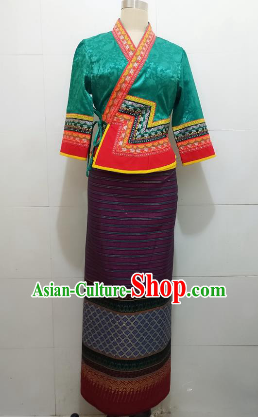 China Yunnan Ethnic Green Brocade Blouse and Purple Skirt Uniforms Dai Nationality Water Splashing Festival Dance Clothing