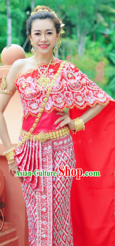 Traditional Thailand Embroidery Blouse and Pink Skirt Asian Thai Dress Clothing Wedding Uniforms