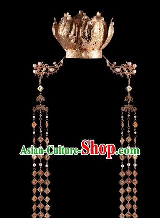 China Traditional Ming Dynasty Court Queen Headwear Ancient Empress Golden Lotus Hair Crown and Tassel Hairpins