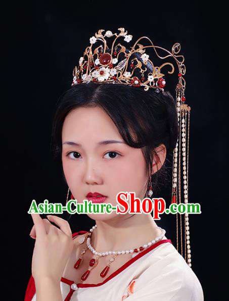 China Traditional Wedding Xiuhe Suit Headdress Ancient Bride Pearls Tassel Hair Crown