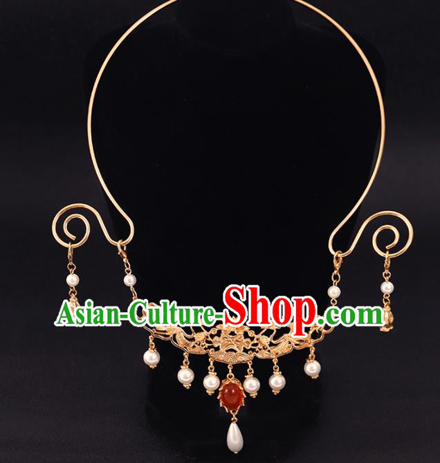 Chinese Traditional Ming Dynasty Necklace Accessories Ancient Court Woman Golden Phoenix Necklet