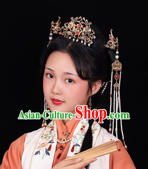 China Traditional Ming Dynasty Hair Accessories Ancient Empress Golden Phoenix Hair Crown and Pearls Tassel Hairpins