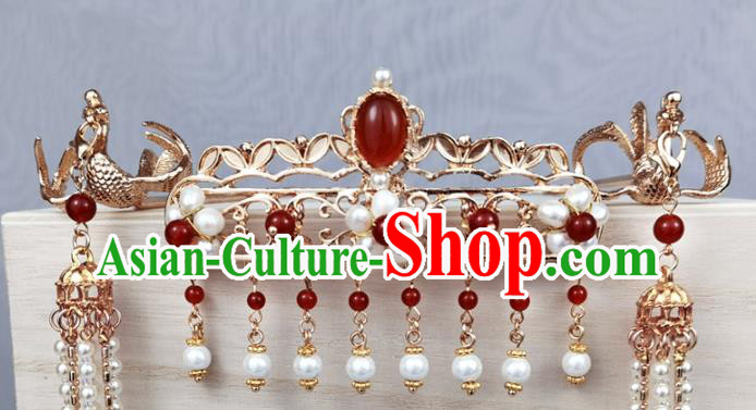 China Traditional Wedding Hair Accessories Ancient Princess Pearls Tassel Hair Crown and Golden Phoenix Hairpins