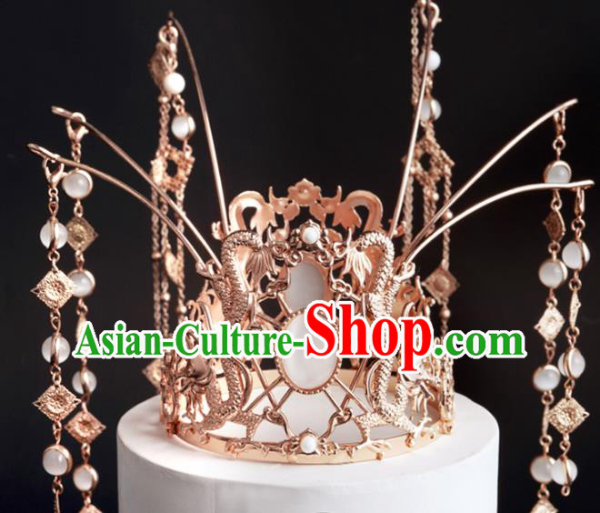 China Traditional Hanfu Wedding Headwear Ancient Princess Golden Dragons Tassel Hair Crown