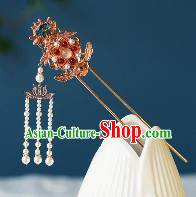 China Traditional Ming Dynasty Court Woman Hairpin Ancient Empress Pearls Tassel Hair Stick