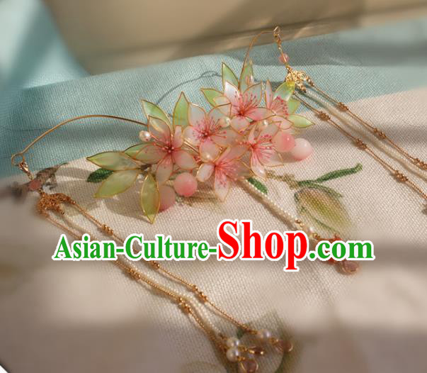 China Traditional Hanfu Beads Tassel Hair Crown Ancient Palace Princess Peach Blossom Hairpin
