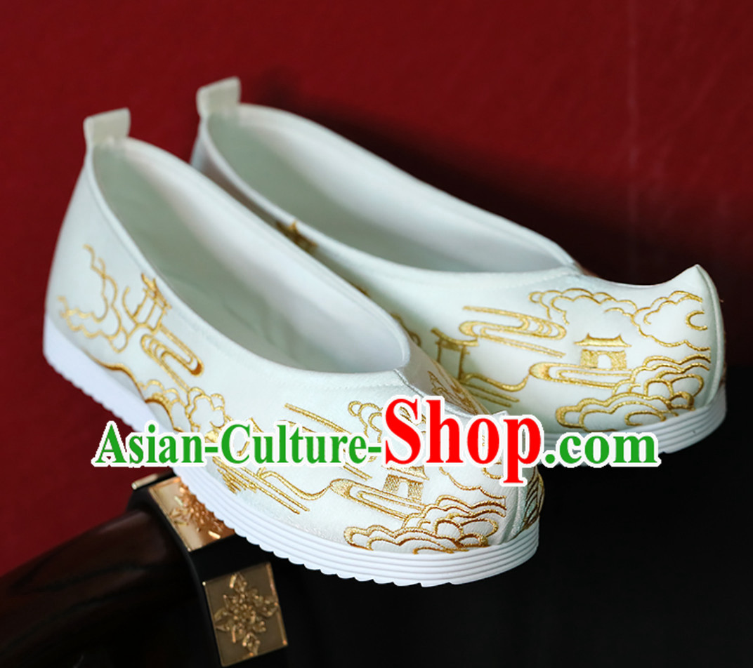 White Ancient China Building Pavilion Embroidery Chinese Classical Handmade Embroidered Hanfu Shoes Han Fu Footwear for Men or Women