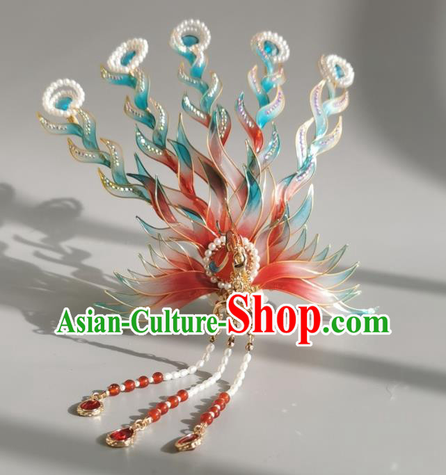 China Traditional Ming Dynasty Noble Woman Hair Crown Ancient Palace Princess Red Phoenix Tassel Hairpin