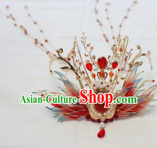 China Ancient Ming Dynasty Bride Hairpin Traditional Wedding Red Phoenix Tassel Hair Crown