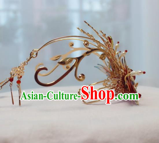 China Ancient Ming Dynasty Bride Hairpin Traditional Wedding Red Phoenix Tassel Hair Crown