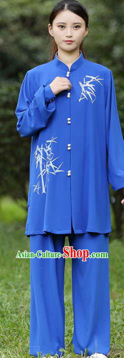 China Traditional Martial Arts Printing Bamboo Blue Uniforms Tai Chi Training Costumes