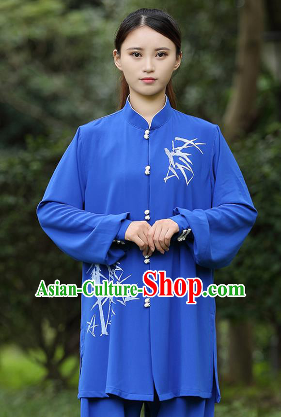 China Traditional Martial Arts Printing Bamboo Blue Uniforms Tai Chi Training Costumes