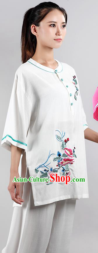 China Tai Chi Kung Fu Costumes Traditional Martial Arts Printing White Flax Uniforms