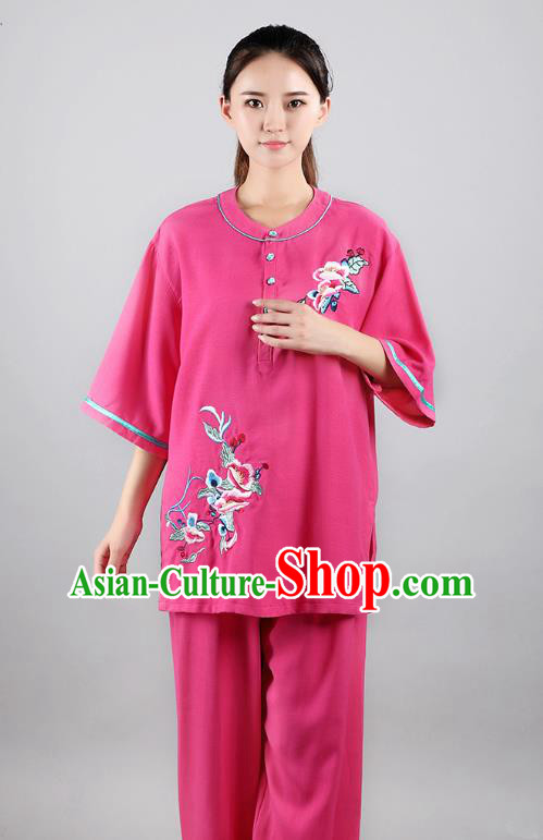 China Traditional Martial Arts Embroidered Rosy Flax Uniforms Tai Chi Kung Fu Costumes