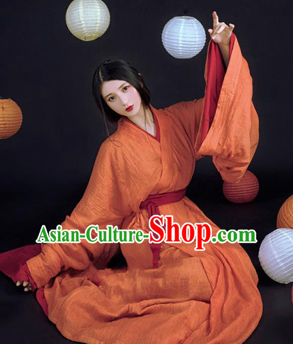 China Ancient Court Beauty Orange Hanfu Dress Traditional Jin Dynasty Palace Princess Historical Clothing