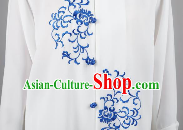 China Traditional Kung Fu Embroidered White Flax Uniforms Tai Chi Competition Costumes