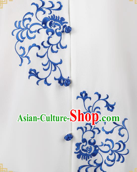 China Traditional Kung Fu Embroidered White Flax Uniforms Tai Chi Competition Costumes
