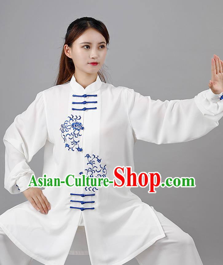 China Traditional Kung Fu Embroidered White Flax Uniforms Tai Chi Competition Costumes