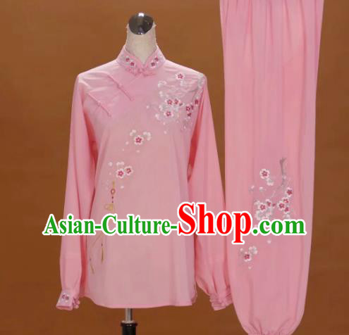 China Tai Chi Competition Costumes Traditional Kung Fu Embroidered Plum Blossom Pink Uniforms