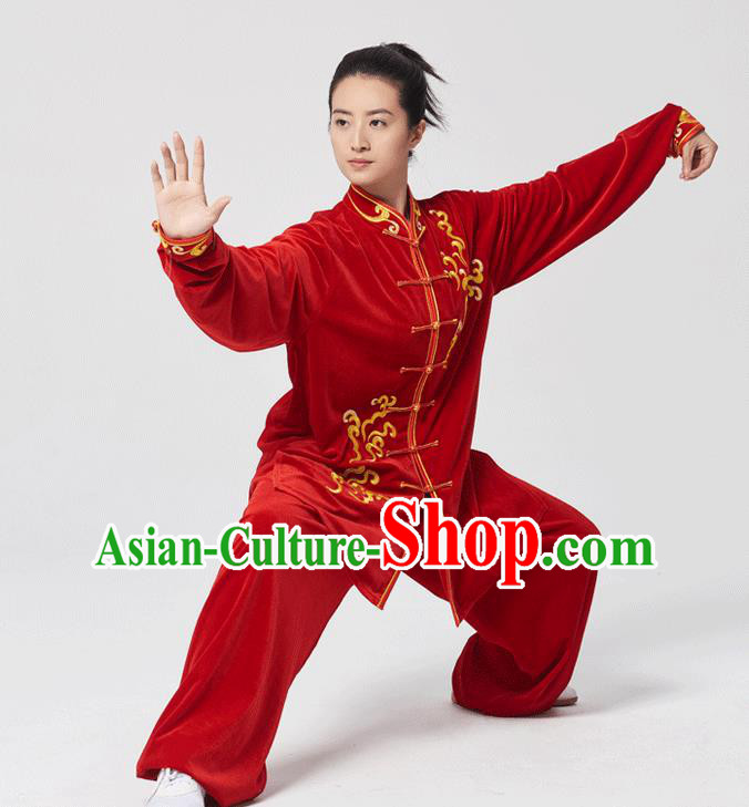 China Tai Chi Kung Fu Performance Costumes Traditional Martial Arts Embroidered Red Velvet Uniforms