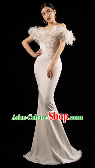 Top Grade Annual Meeting Slim Full Dress Catwalks White Feather Off Shoulder Dress Stage Show Clothing