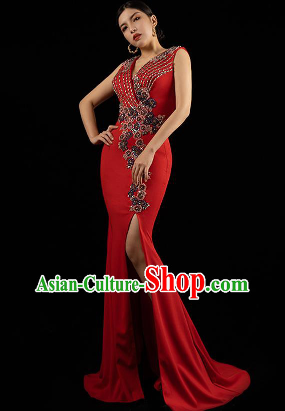 Top Grade Catwalks Trailing Dress Annual Meeting Clothing Stage Show Embroidery Beads Red Full Dress
