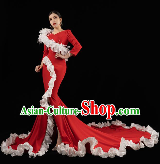 Top Grade Stage Show Wedding Full Dress Catwalks Compere Red Trailing Dress Annual Meeting Clothing
