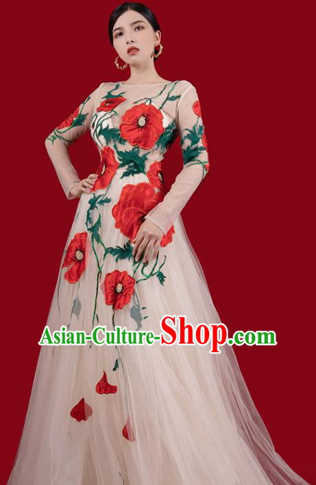 Top Grade Annual Meeting Clothing Catwalks Compere Embroidered Dress Stage Show Champagne Veil Full Dress