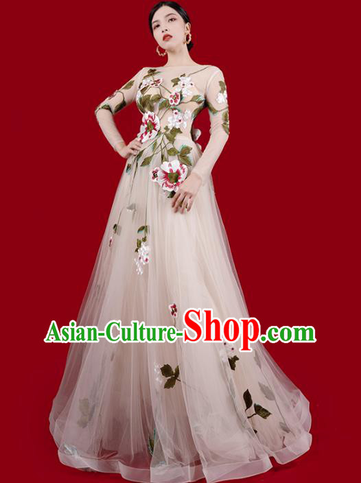 Top Grade Stage Show Beige Veil Full Dress Annual Meeting Clothing Catwalks Compere Embroidered Flowers Dress