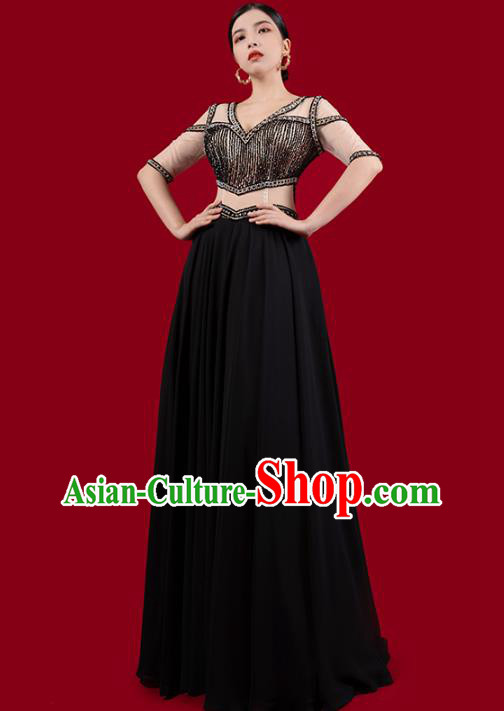Top Grade Annual Meeting Clothing Catwalks Embroidered Beads Full Dress Stage Show Black Slim Dress