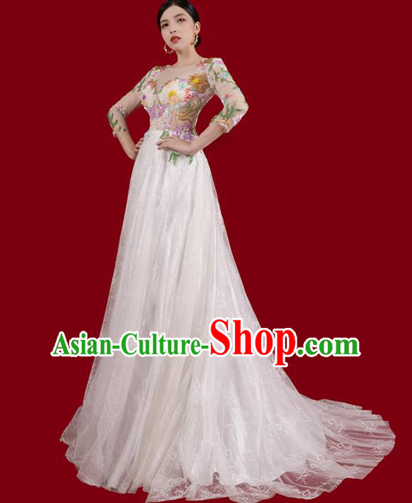 Top Grade Catwalks Embroidered Flowers Full Dress Annual Meeting Stage Show Trailing Dress Clothing