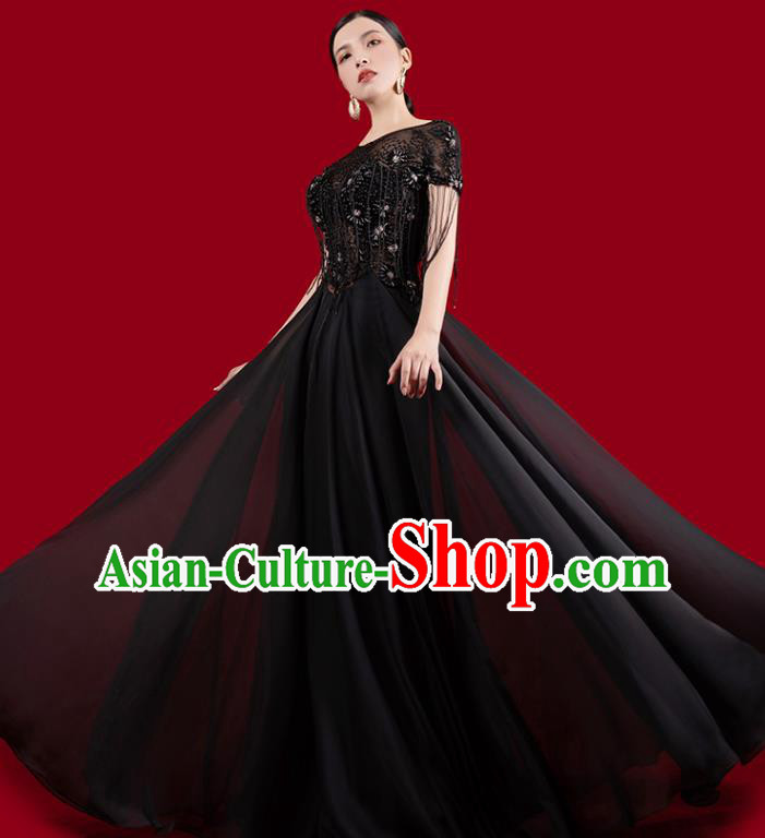 Top Grade Catwalks Embroidered Clothing Beads Tassel Full Dress Annual Meeting Stage Show Black Dress