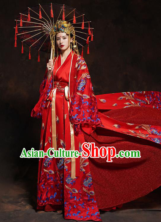 China Classical Wedding Bride Red Toast Dress Traditional Ancient Queen Embroidered Costumes