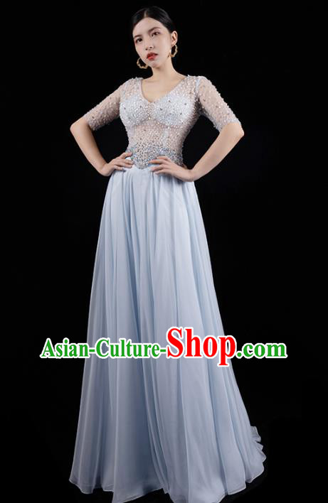 Top Grade Stage Show Clothing Embroidery Beads Light Blue Full Dress Annual Meeting Dress