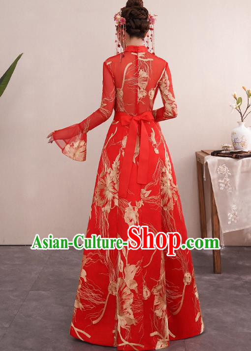 Chinese Traditional Wedding Bride Red Cheongsam Clothing Classical Embroidered Toast Dress