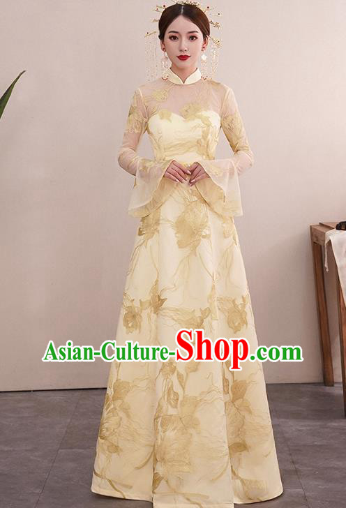 Chinese Classical Embroidered Toast Dress Traditional Wedding Bride Light Golden Cheongsam Clothing